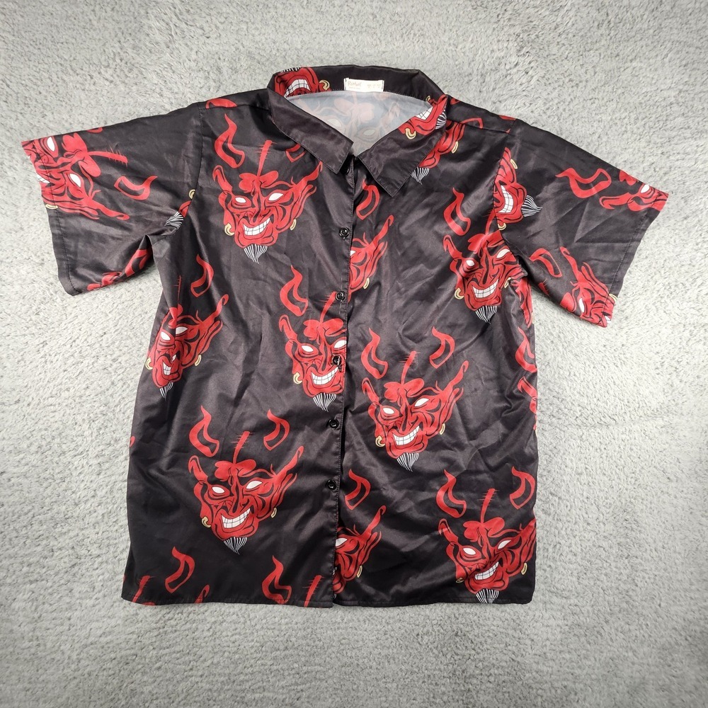 ROMWE‎ Button Down Shirt Mens S Black Demon Devil Goth Skater Rockabilly Y2K